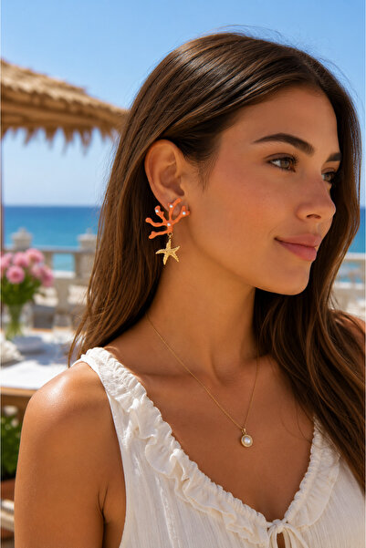 POYASE Coral Shaped Starfish Dangle Earrings Summer Themed Pearl Detailed Wom...