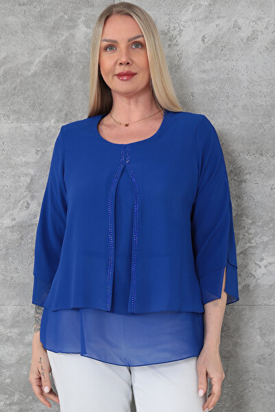 KİFAYET Plus Size Women's Blouse Double Layer Chiffon Front Stone Stripe Crew...