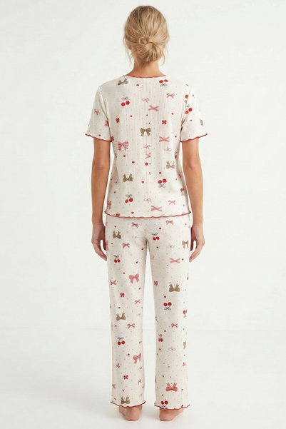 Siyah İnci Ecru Leopard Bow Patterned Soft Tuşe Summer Ribbed Cotton Knitted Pajama Set 7994