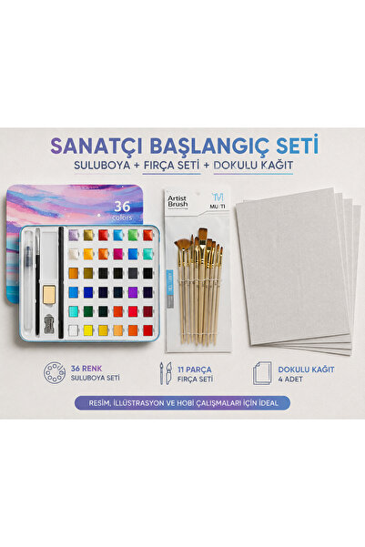 Art Tone 36 Renk Suluboya Başlangıç Seti 10'lu Fırça Seti ve 4 Adet Dokulu Su...