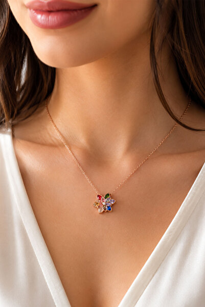 Silvanya Jewelry 925 Ayar Gümüş Rose Kaplama Renkli Zirkon Taşlı Lotus Çiçeği...