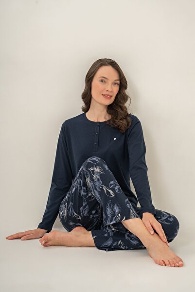 Pierre Cardin Women's Leaves Navy Blue Long Sleeve Pajama Set Pc9258-S-V1