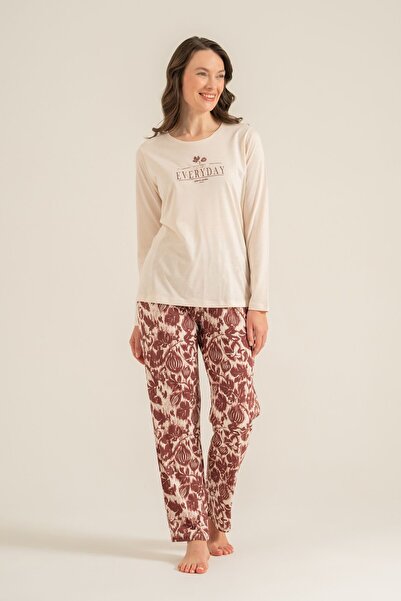 Pierre Cardin Women's Leaves Cream Long Sleeve Pajama Set Pc9263-S-V1