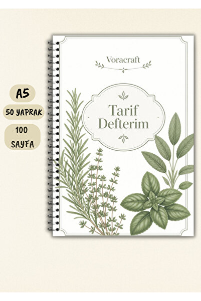 VORACRAFT Yemek Tarif Defteri, 50 Yaprak /100 Sayfa, A5 / Tel Spiral TRF0030