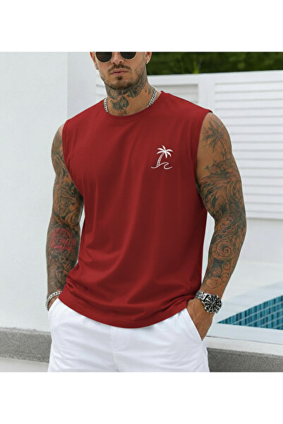 TREND EMMODA Men's Minimal Palm Tree Printed Zero Sleeve Round Neck Red T-Shi...