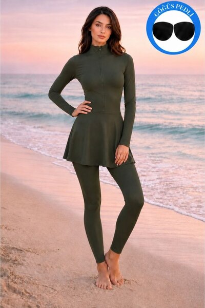 Maison La Femme Women's Khaki Long Sleeve Zippered Skirted Swimsuit
