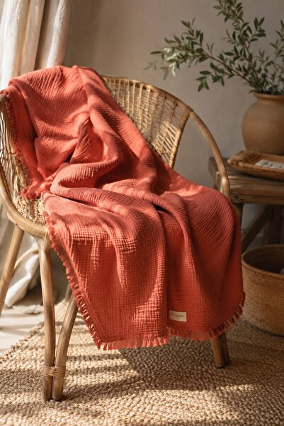 Heianmono Kids 4 Layer Orange Color 100% Cotton Muslin Fringed Baby Blanket (...