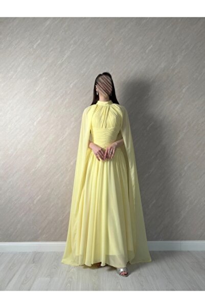 ALANOOD Chiffon Pastel Yellow Evening Dress with Flowing Cape