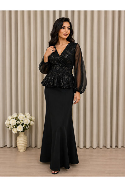 Verona Black Long Evening Dress with Glittering Embroidery and Peplum Cut