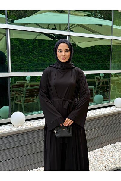 zahen neva 3 lü pantolonlu abaya takımı pantolon sıfır kol elbise ve abaya