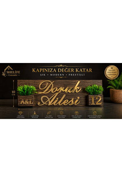 SHELİFE Premium Kişiye Özel Kapı İsimliği Gold Pleksi Siyah MDF Çiçekli Moder...