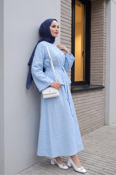Modamorfo Single Button Belted Skirt with Pockets Embossed Patterned Jacquard...
