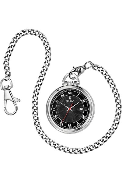 Bulova Classic Pocket Watch, Quartz, Date, Stainless Steel, Black Dial, Detac...
