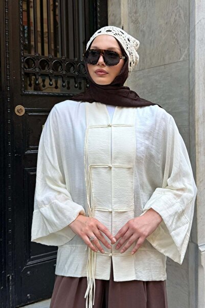 Modaensarbutik Süslü Düğmeli Dökümlü Modal Tül Kimono-EKRU