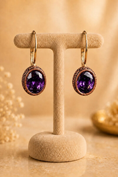 OSMANLI GÜMÜŞ Women's Earrings Copper Amethyst Natural Stone Oval Model Women...