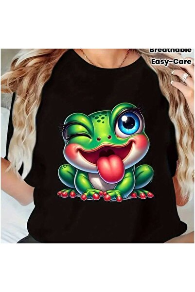 2mcup Ladies' Black T-shirt Cute Soft Breathable Fabric, Loose Round Neck Dai...