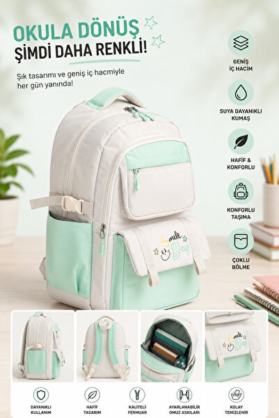 MİECZ BAGS Kore Tarzı Ergonomik Su Geçirmez Kumaş Geniş Kız Çocuk Okul Çantas...