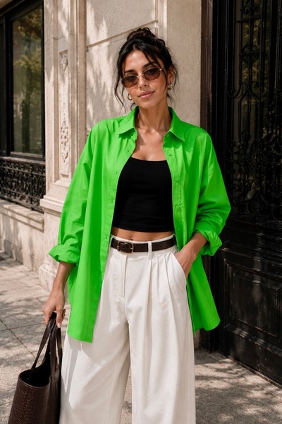 bb butik basic Women's Oversize Poplin Shirt Long Sleeve Basic Shirt Tr0735