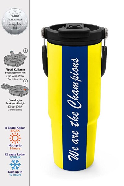 Coral High Kids Sarı Lacivert Çubuklu Pipetli ve Direkt İçim Çelik Termos 900...