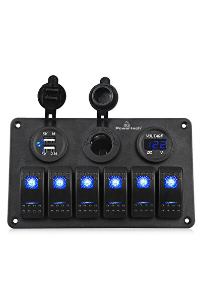 POWERTECH πάνελ σκαφών & οχημάτων PTL-020, πρίζα 12V/2x USB/6x διακόπτες