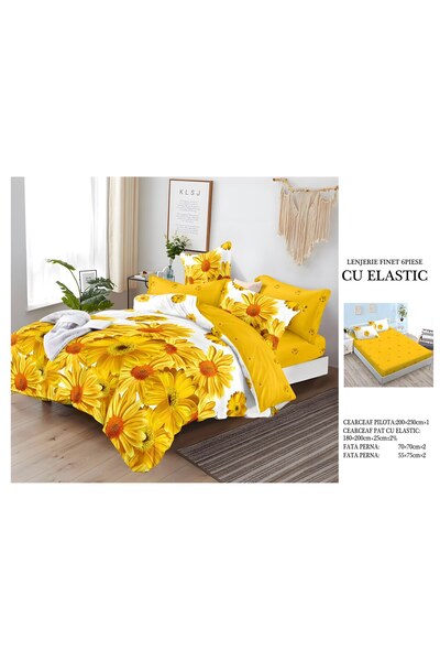 naniland.ro Lenjerie de Pat Bumbac Satinat 2 Persoane 6 Piese cu Elastic 180x...