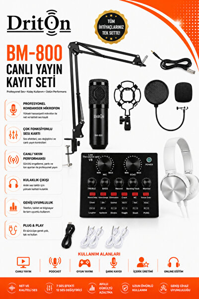 DRİTON Bm-800 + V8 Ses Karti Siyah Podcast Tiktok Youtube Yayinci Condenser M...