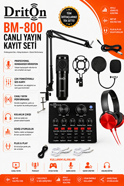DRİTON Bm-800 + V8 Ses Karti Siyah Podcast Tiktok Youtube Yayinci Condenser M...