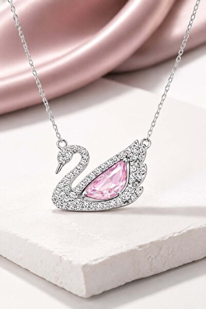 Pietra Pembe Zirkon Taşlı Kuğu Kolye | 925 Ayar Gümüş Kolye- Gümüş Kuğu Kadın...