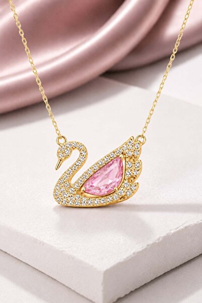 Pietra Pembe Zirkon Taşlı Kuğu Kolye | 925 Ayar Gümüş Kolye- Gümüş Kuğu Kadın...