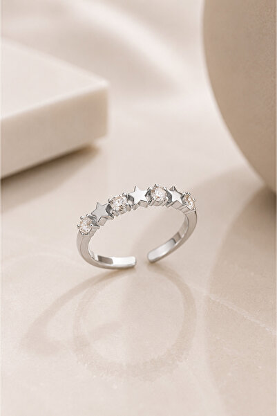 Alexis Carrel Bert Star Detailed Zircon Stone Adjustable Silver Ring
