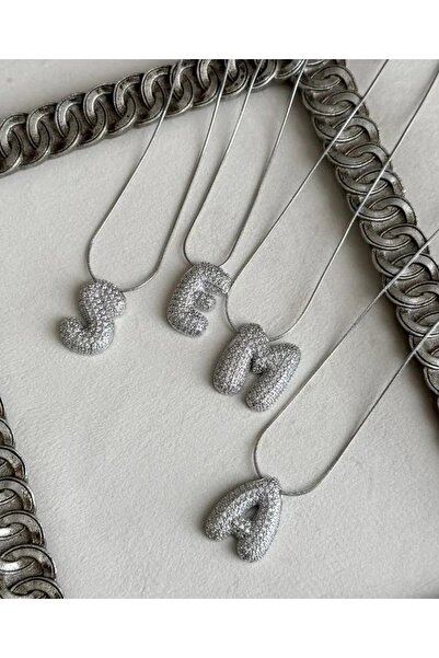 Haziran Accessory, Zircon Stone, Italian Chain Balloon Letter Silver Steel Ne...