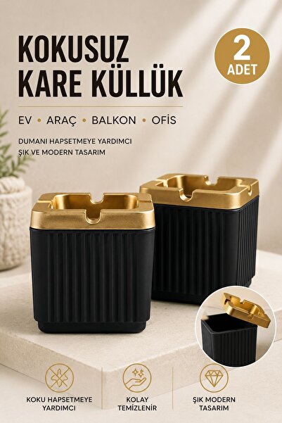 Kitchen Beauty 2 Adet Kare Çizgili Küllük | Hazneli Kapaklı Dumansız Sigara K...
