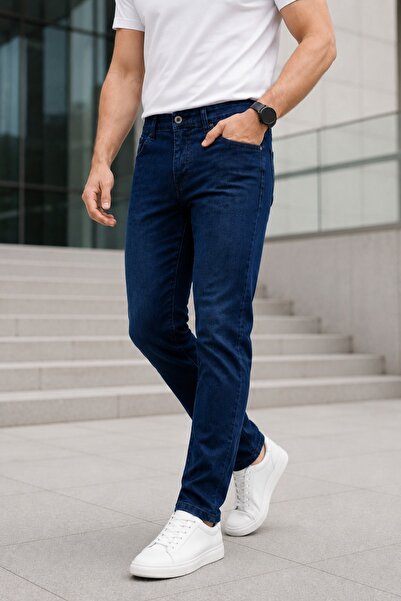 Ser Joven Men's Navy Blue Slim Fit Lycra Jean Trousers