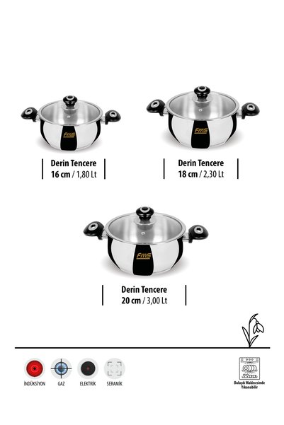 FMS Large Black 6-Piece Casserole Cookware Set |   18/10 Stainless Steel |   Induction Compatible |   16-18-20 |