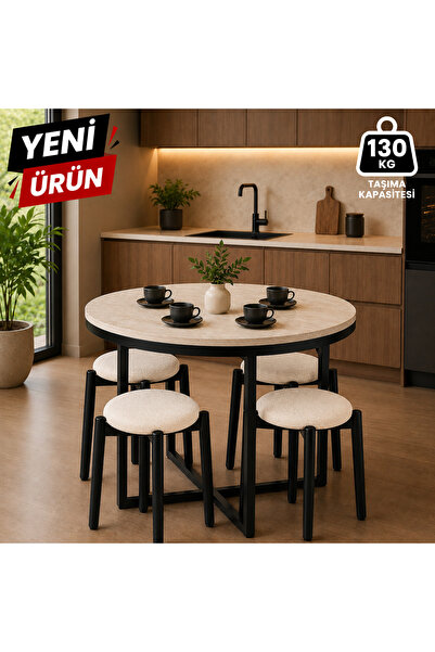 EDMONDA EV AKSESUAR ATLAS YUVARLAK 90 CM PUFLU 4 KİŞİLİK MASA TAKIMI BALKON M...