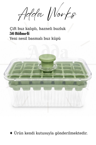 Adda Works 56 Hazneli Basmalı Buz Kalıbı, Kapaklı Çift Katlı Buz Yapma Kabı, ...