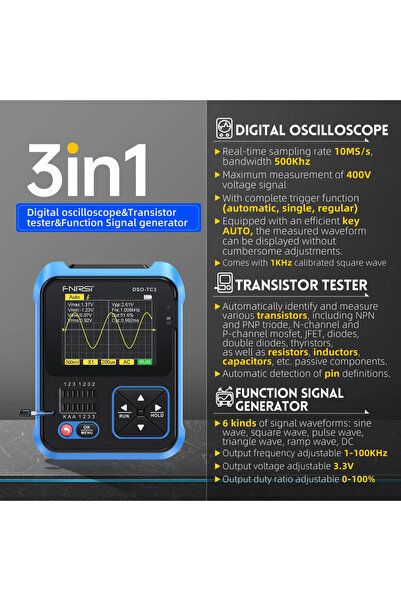 FNIRSI 3 σε 1 παλμογράφος/signal generator/transistor tester χειρός DSO-TC3, ...