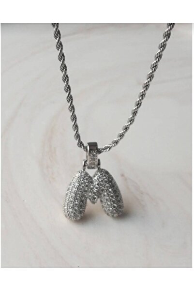 Haziran Accessory, Zircon Stone, Twisted Chain Balloon Letter, Silver Steel N...