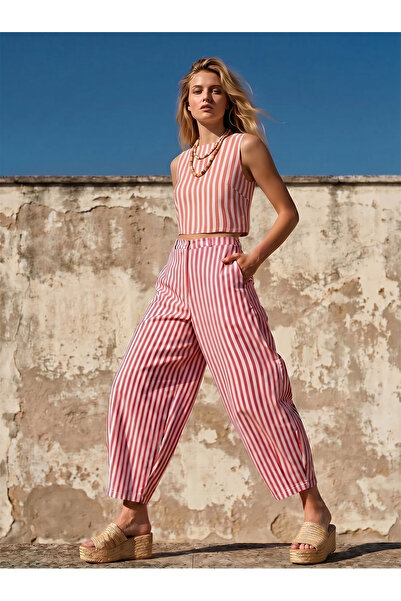 Catz Clothes Kırmızı Beyaz Çizgili Balon Pantolon ve Crop Takım