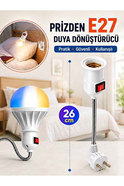 Vwin Prizi E27 Duya Dönüştürür 26 Cm 360 C° Dönen Esnek Spiralli Aç/Kapa Anahtarlı ( 1 ADET )