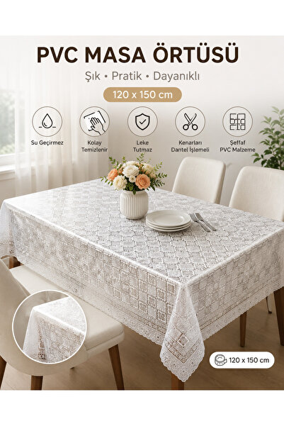 Beyaz Home 120x150 cm Dantel Desenli PVC Kaplamalı Masa Muşambası