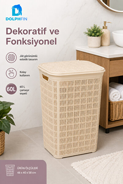 DolphFin Jute Kirli Çamaşır Sepeti 60 L 46x40x58 cm Oyuncak Saklama Taşıma Ba...
