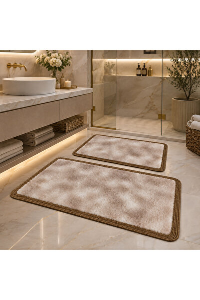 LEVİTASARIM %100 Pamuk, El Dokuması 2’li Banyo Paspası Takımı Bej 60x60 + 60x90