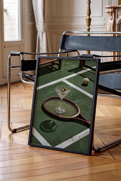 Postifull Tennis Racket and Cocktail Poster, Black Framed Poster, Old Money S...