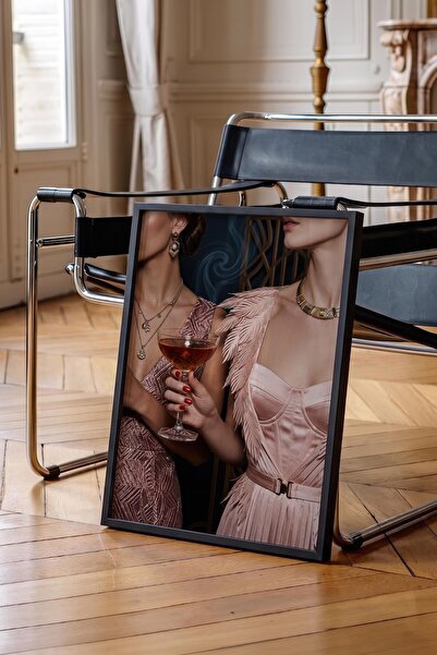 Postifull Woman and Cocktail Glass Poster, Black Framed Poster, Old Money Ser...