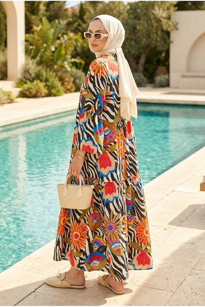 Kirazca Butik Women's Ruffle Sleeve Ethnic Patterned Layered Hijab Dress (Unl...