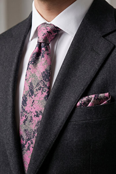 Milleniva Batik Patterned Pink Gray Tie & Handkerchief