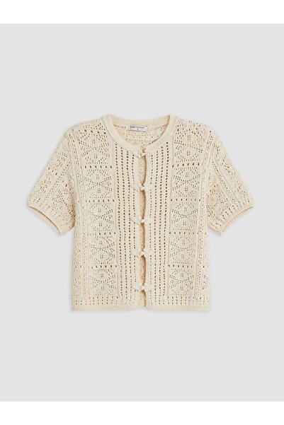 LC Waikiki Lcw Comfort Ecru Crew Neck Openwork Women's Knitwear Cardigan