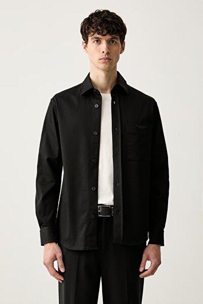 BOSS Men's Regular Fit Metallic Logo Cotton Long Sleeve Black Shirt