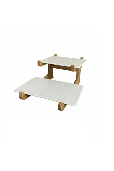 OEM Set de platouri etajate, pe suport de bambus, 2 niveluri, alb, 22x18x12 cm